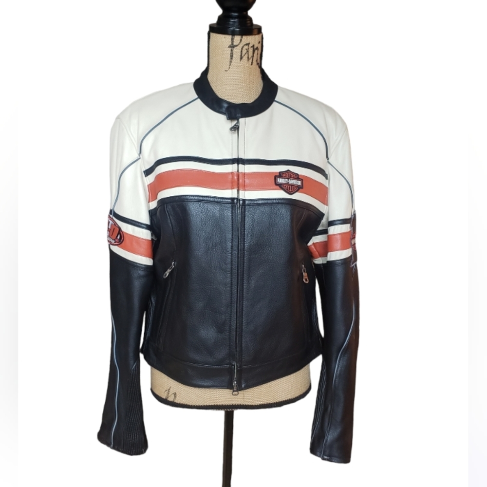 Harley-Davidson Black White and Orange Leather Motorcycle Jacket